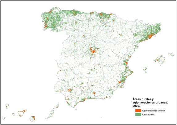 Figura 1. Áreas rurales y aglomeraciones urbanas a partir de una grid de población de 1 km2.