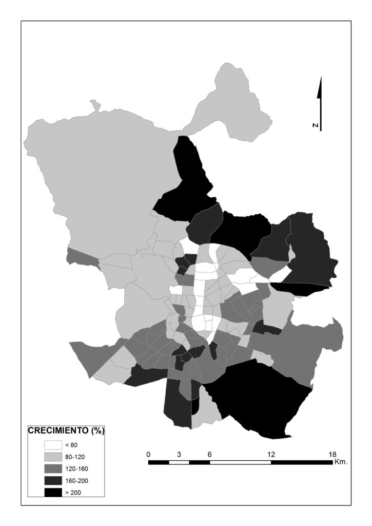 Paro registrado sobre población en edad activa en los barrios de la ciudad de Madrid y evolución desde diciembre de 2006.