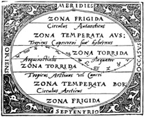 Las “tres zonas” del mundo habitable. Ilustración procedente de la Cosmographia de Petrus Apianus (1575).