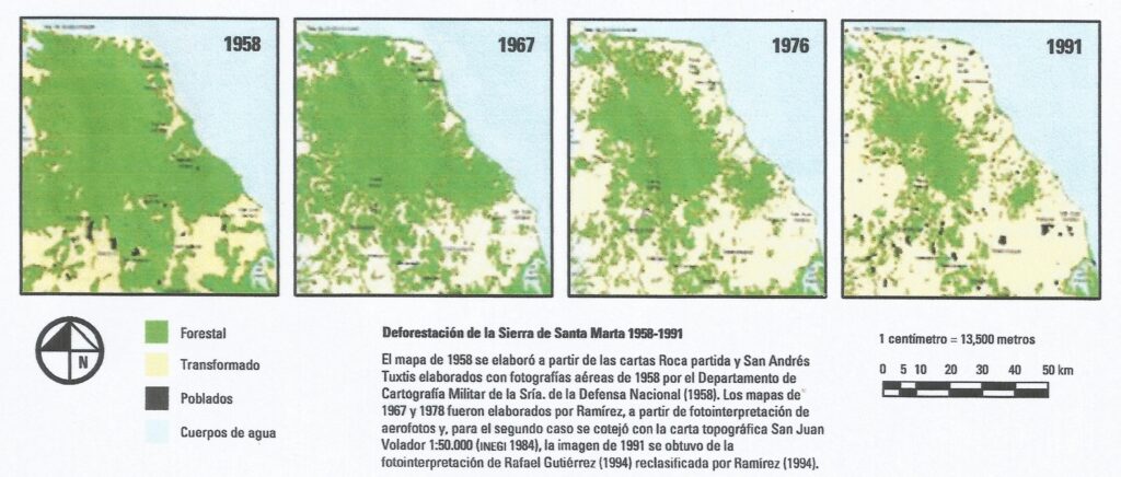 Figura 2. Proceso de deforestación en Los Tuxtlas y la Sierra de Santa Marta (1958-1991)