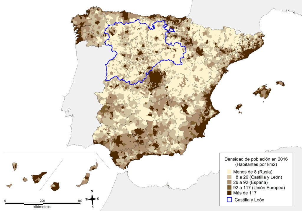 Densidad de población en España en 2016