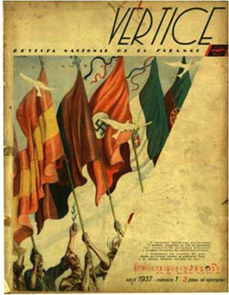 Portadas de la revista republicana Nueva Cultura, nº 4-5, 1937 y de la revista falangista Vértice, nº 1, 1937, www.magazinesandwar.com
