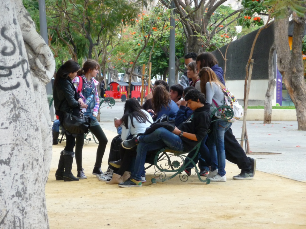 Pie de foto: Grupo de adolescentes en uno de los espacios centrales de Santa Cruz (fotografía realizada por el autor)