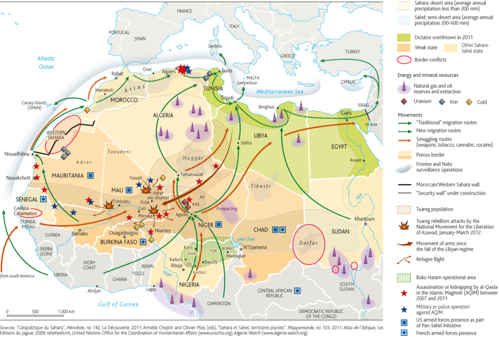Conflictos, recursos y vulnerabilidad social en el Sahel. Imagen disponible en http://climateadaptation.tumblr.com/post/27255875593/fantastic-map-of-sahel-movement-and-conflict