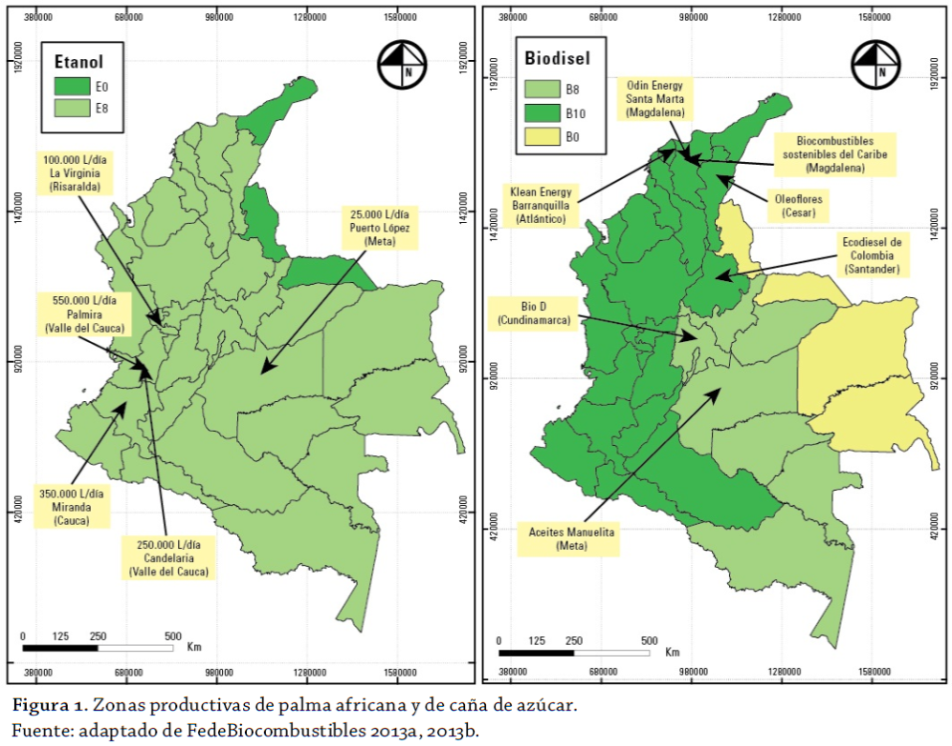 Zonas productivas de palma africana y de caña de azúcar. Adaptado de FedeBiocombustibles (2013a; 2013b).
